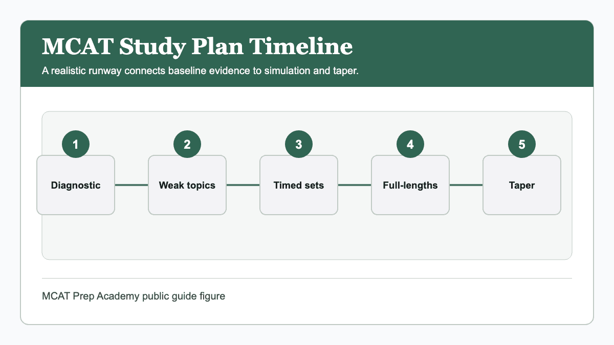 MCAT study plan timeline with diagnostic, targeted review, full-lengths, and taper checkpoints